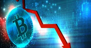 Crypto 5 Bitcoin price falling chart with crash down arrow